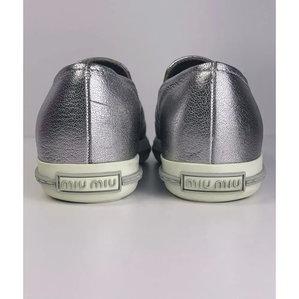 Miu Miu Silver Leather Pointed Toe Slip On Sneakers Loafers Sz 5.5 Prada - Picture 4 of 10